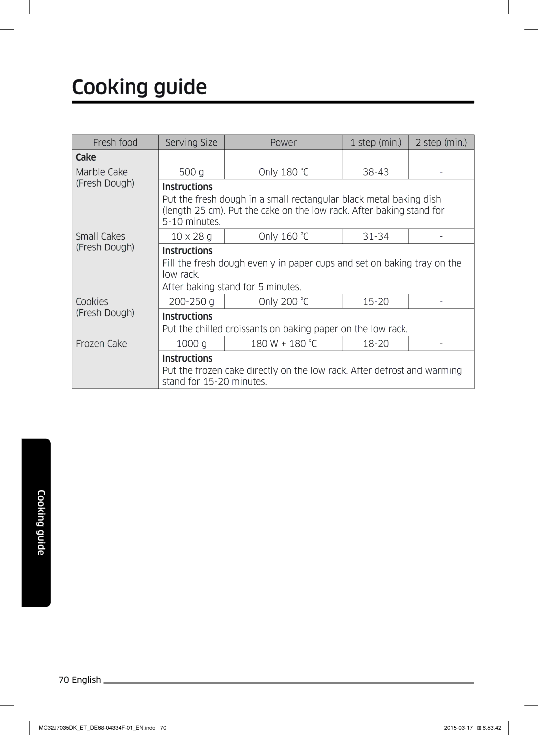 Samsung MC32J7035DK/ET manual Cooking guide 