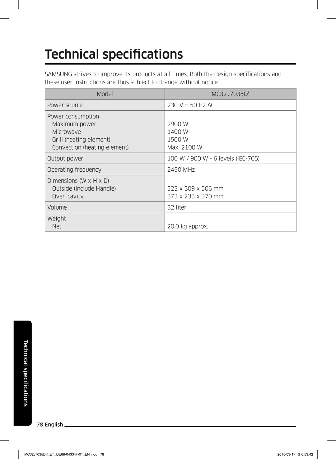 Samsung MC32J7035DK/ET manual Technical specifications 