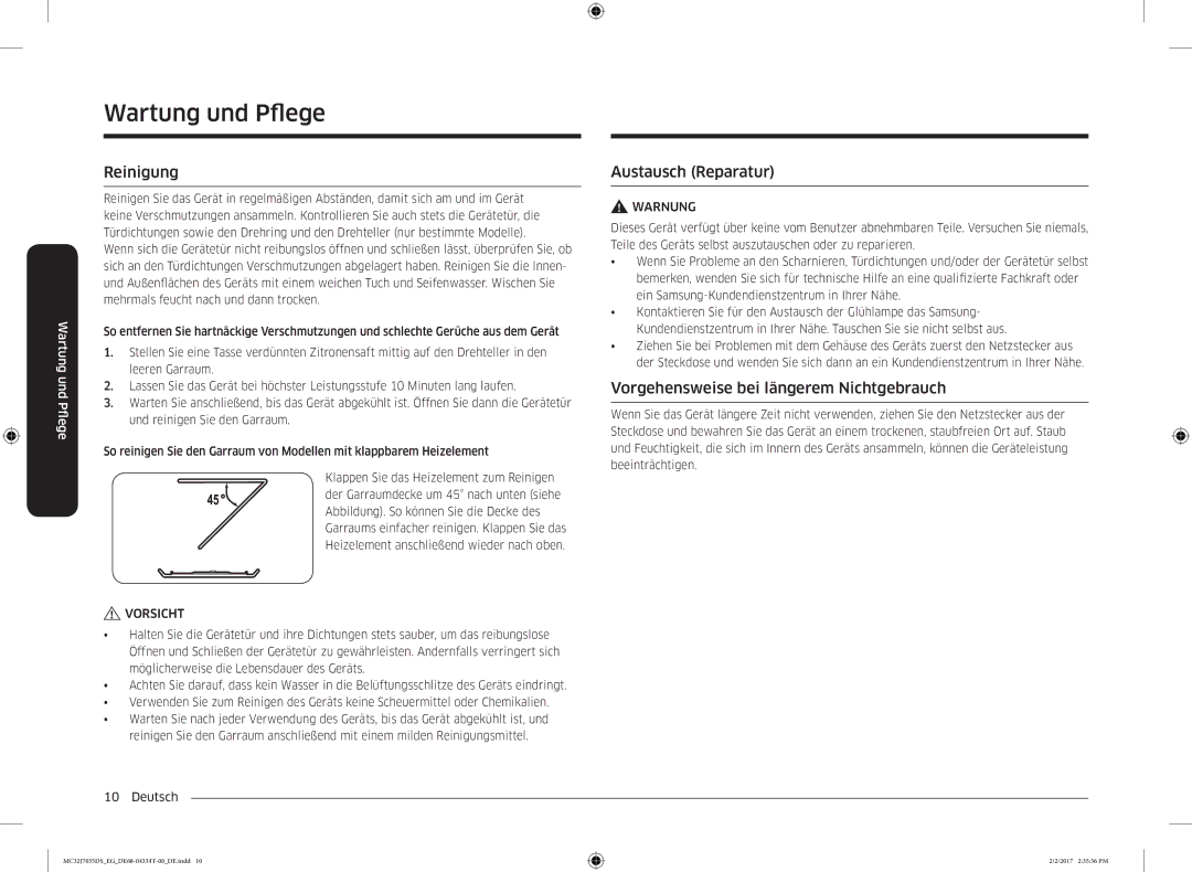 Samsung MC32J7035DS/EG Wartung und Pfegeleg, Reinigung, Austausch Reparatur, Vorgehensweise bei längerem Nichtgebrauch 