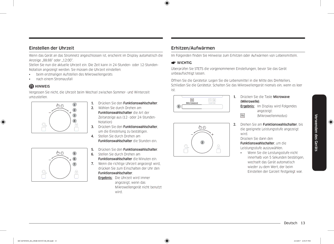 Samsung MC32J7035DS/EG manual Einstellen der Uhrzeit, Erhitzen/Aufwärmen, Wechselt das Gerät automatisch 