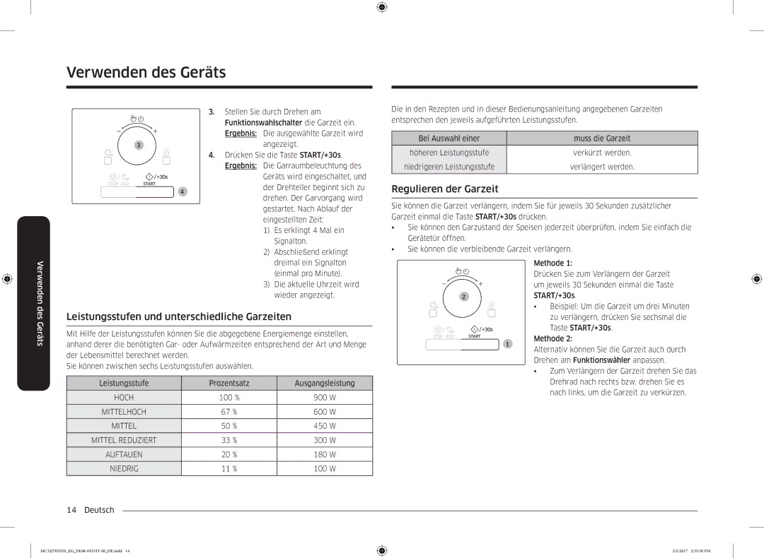 Samsung MC32J7035DS/EG manual Regulieren der Garzeit, Leistungsstufen und unterschiedliche Garzeiten 