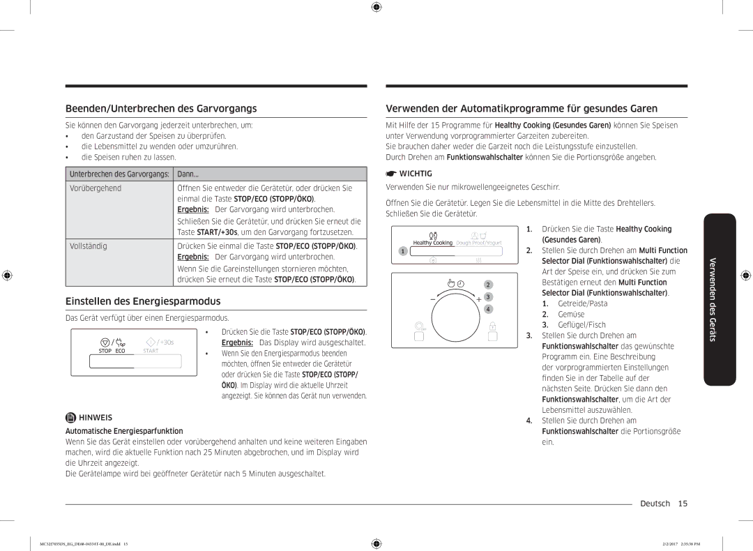 Samsung MC32J7035DS/EG manual Beenden/Unterbrechen des Garvorgangs, Verwenden der Automatikprogramme für gesundes Garen 