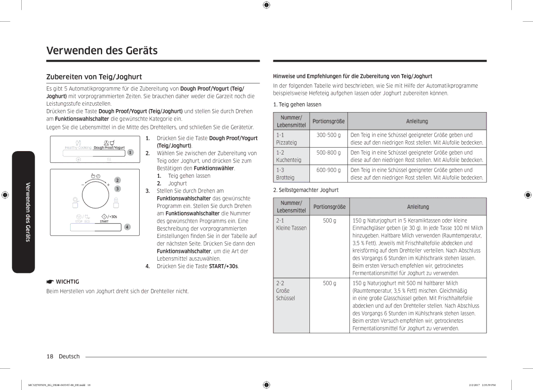 Samsung MC32J7035DS/EG manual Zubereiten von Teig/Joghurt 