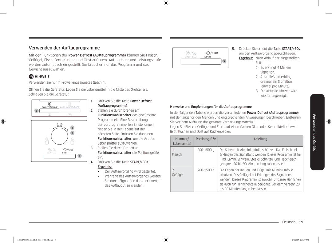 Samsung MC32J7035DS/EG manual Verwenden der Auftauprogramme 