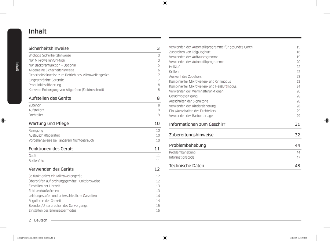 Samsung MC32J7035DS/EG manual Inhalt 