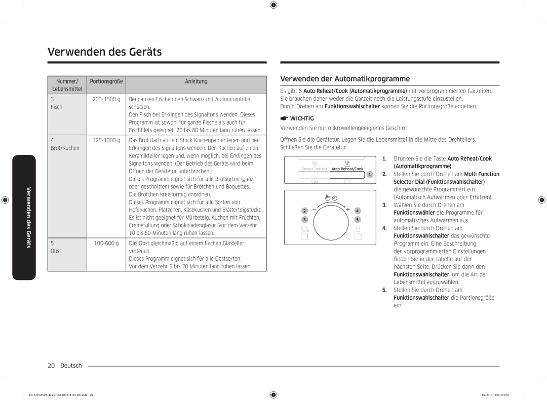 Samsung MC32J7035DS/EG manual Verwenden der Automatikprogramme 