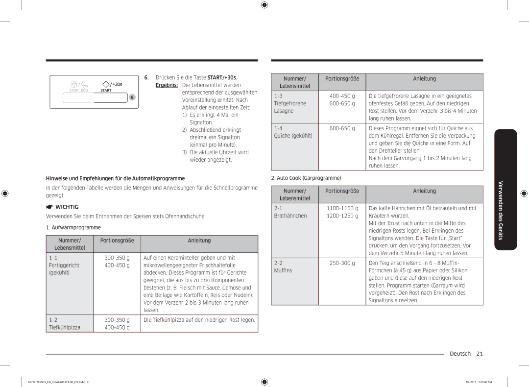 Samsung MC32J7035DS/EG manual Portionsgröße 