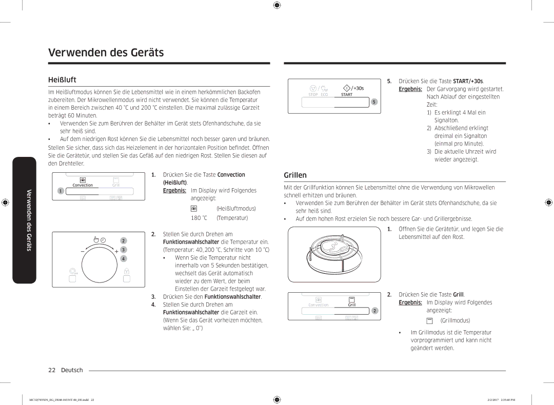 Samsung MC32J7035DS/EG manual Heißluft, Grillen, C Temperatur Stellen Sie durch Drehen am 