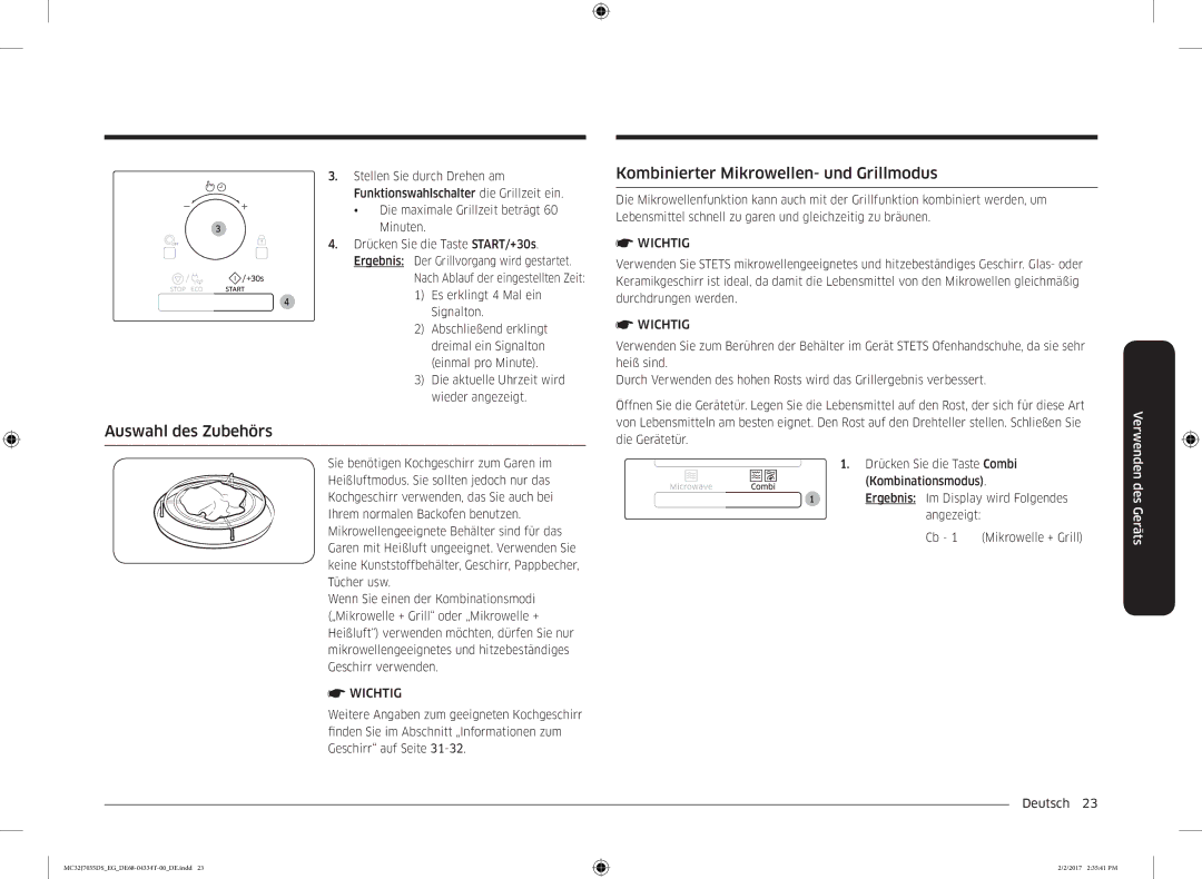 Samsung MC32J7035DS/EG manual Auswahl des Zubehörs, Kombinierter Mikrowellen- und Grillmodus 