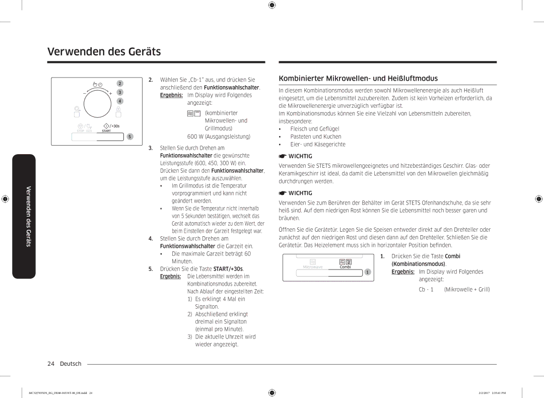 Samsung MC32J7035DS/EG manual Kombinierter Mikrowellen- und Heißluftmodus, Wählen Sie „Cb-1 aus, und drücken Sie 