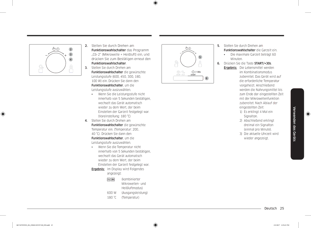 Samsung MC32J7035DS/EG manual Funktionswahlschalter das Programm, „Cb-2 Mikrowelle + Heißluft ein, und, C Temperatur 