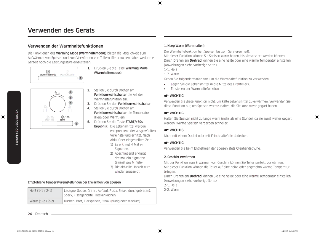 Samsung MC32J7035DS/EG manual Verwenden der Warmhaltefunktionen, Warmhaltefunktion ein, Speck, Fischgerichte, Trockenkuchen 