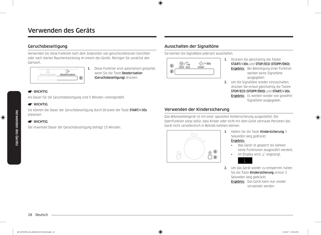 Samsung MC32J7035DS/EG manual Geruchsbeseitigung, Ausschalten der Signaltöne, Verwenden der Kindersicherung 