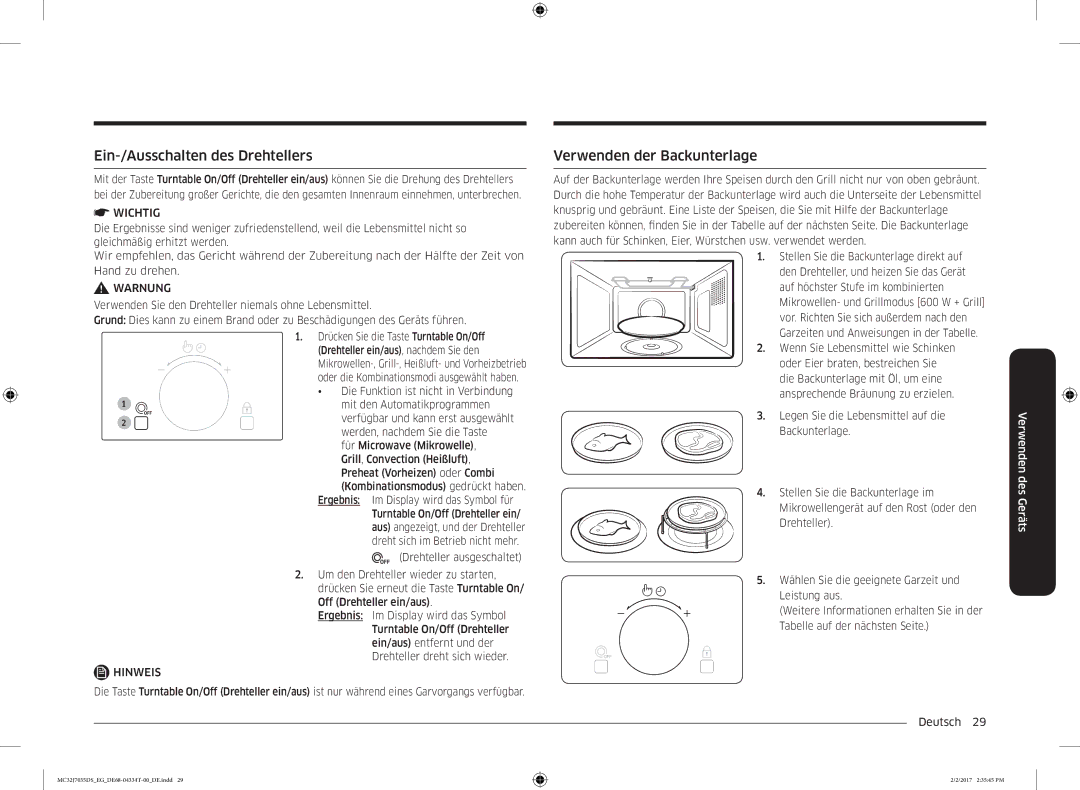 Samsung MC32J7035DS/EG Ein-/Ausschalten des Drehtellers, Verwenden der Backunterlage, Die Funktion ist nicht in Verbindung 