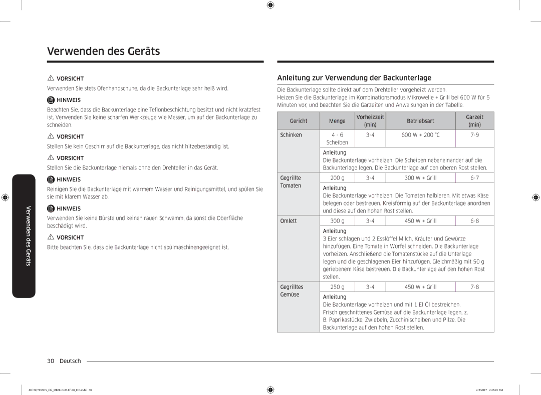 Samsung MC32J7035DS/EG manual Anleitung zur Verwendung der Backunterlage, Backunterlage auf den hohen Rost stellen 