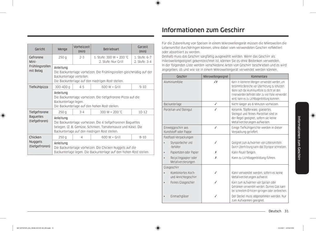 Samsung MC32J7035DS/EG manual Informationen zum Geschirr 