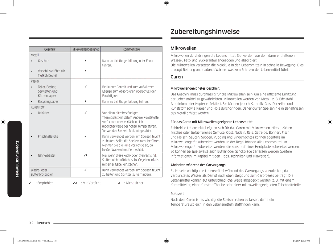 Samsung MC32J7035DS/EG manual Zubereitungshinweise, Mikrowellen, Garen 