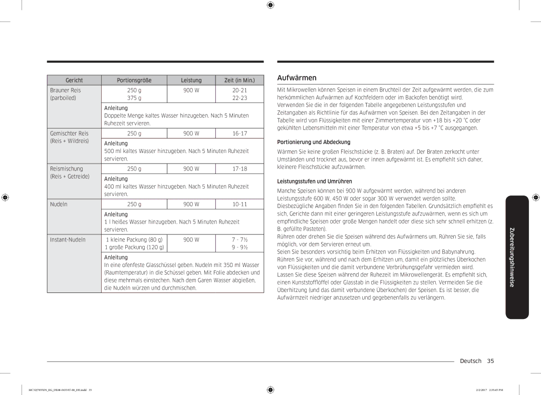 Samsung MC32J7035DS/EG manual Aufwärmen 