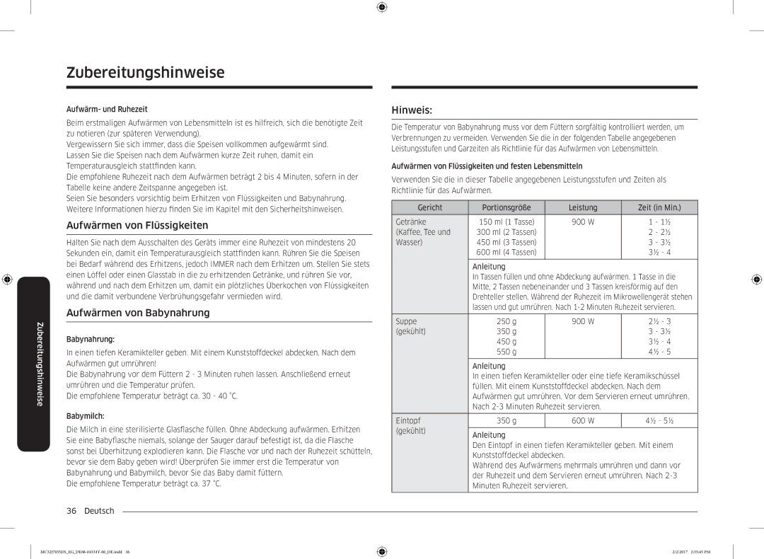 Samsung MC32J7035DS/EG manual Aufwärmen von Flüssigkeiten, Aufwärmen von Babynahrung, Hinweis, W Kaffee, Tee und, Wasser 