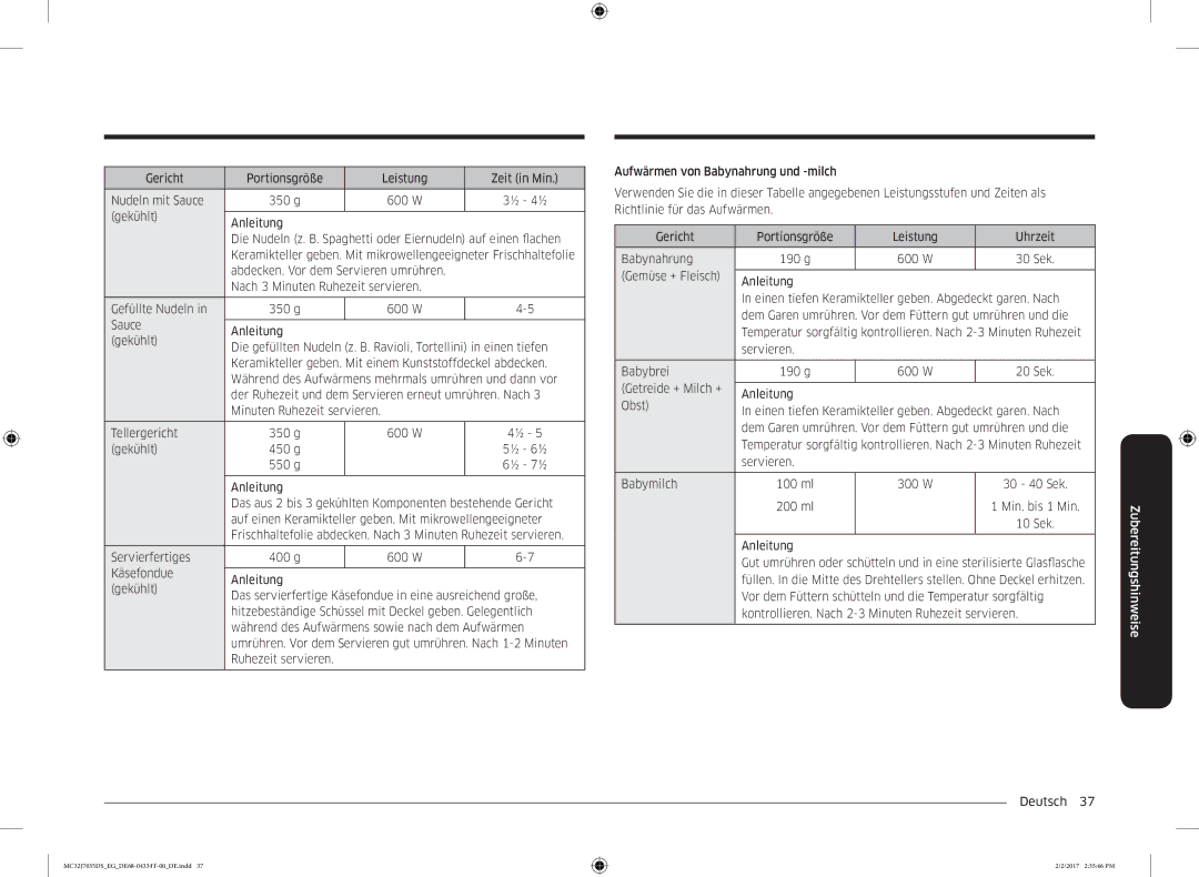 Samsung MC32J7035DS/EG manual Tellergericht 350 g 600 W Gekühlt 450 g, ml Min. bis 1 Min 