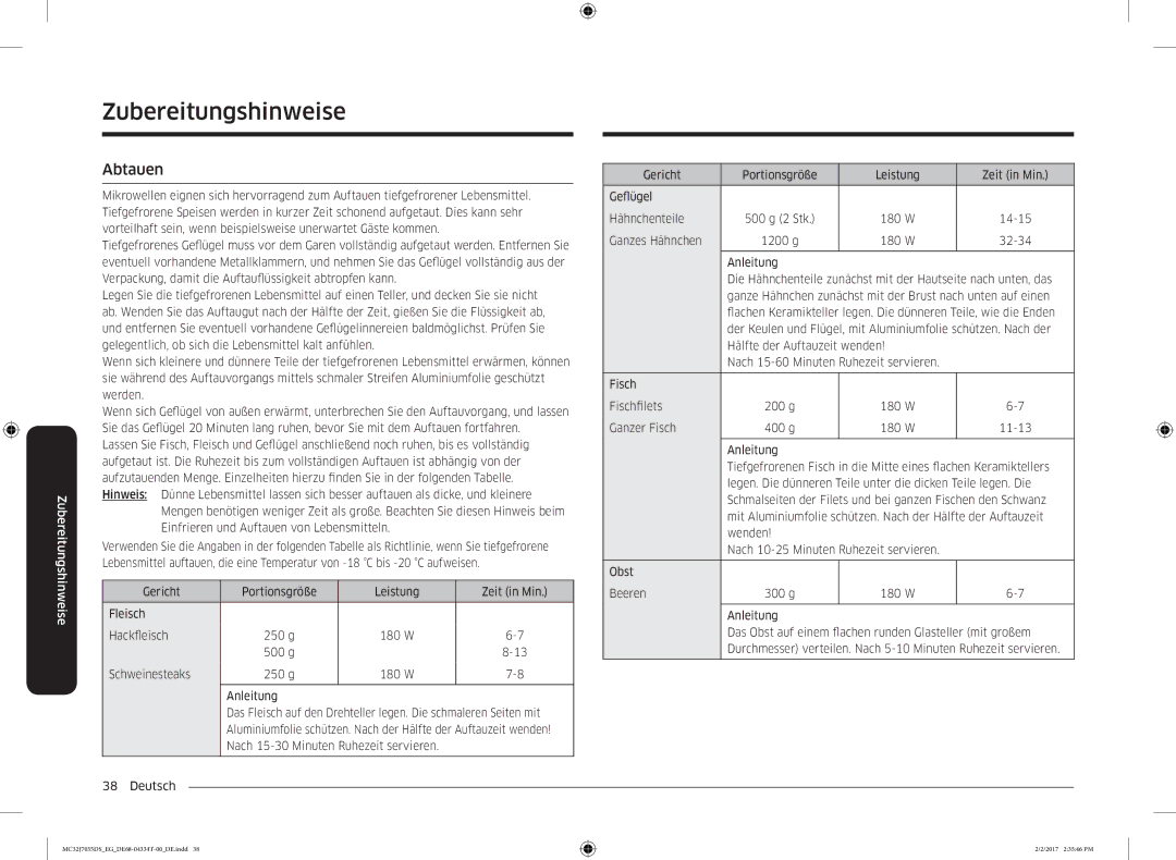 Samsung MC32J7035DS/EG manual Abtauen, Werden, Minuten lang ruhen, bevor Sie mit dem Auftauen fortfahren 