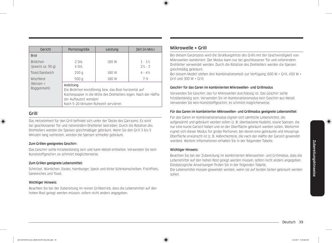 Samsung MC32J7035DS/EG Mikrowelle + Grill, Gericht Portionsgröße Leistung Zeit in Min Brot Brötchen, W Jeweils ca g 