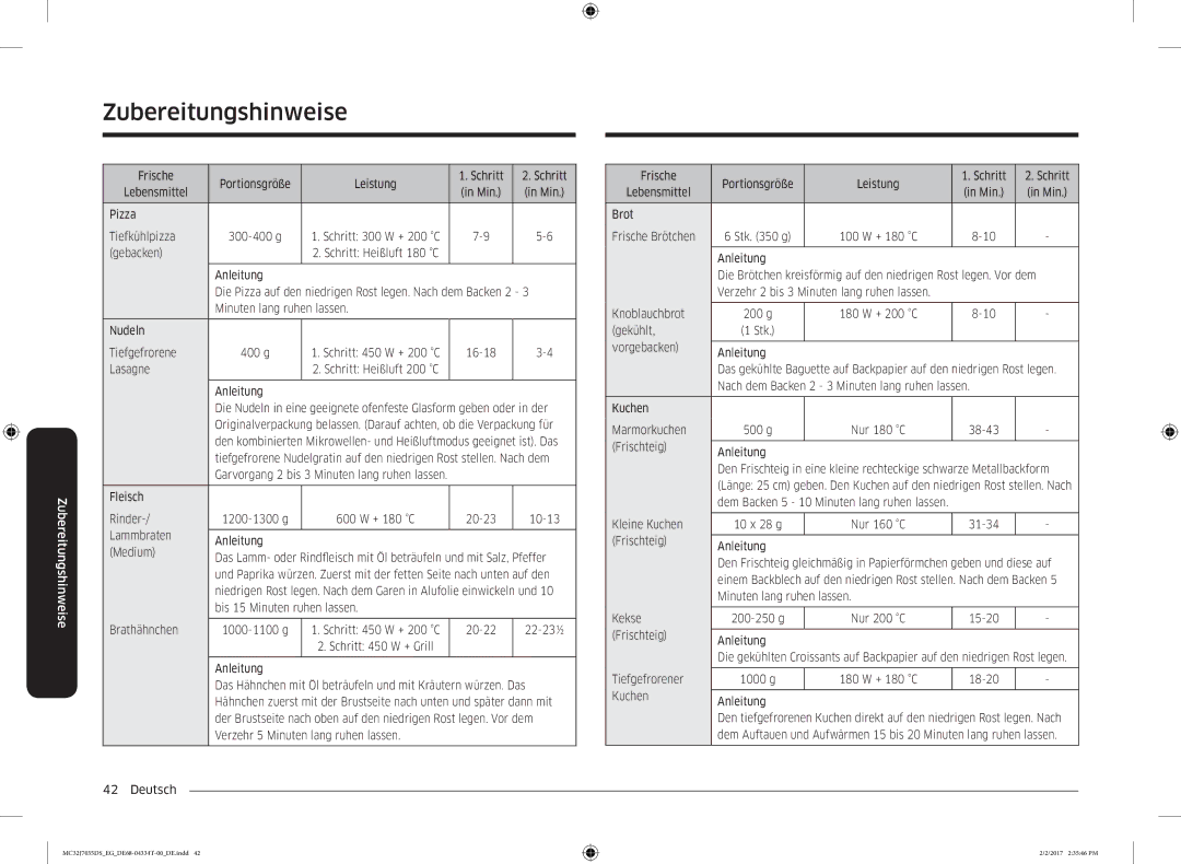 Samsung MC32J7035DS/EG Frische Portionsgröße Leistung Schritt Lebensmittel, Pizza Tiefkühlpizza, Gebacken, Lasagne, 10-13 