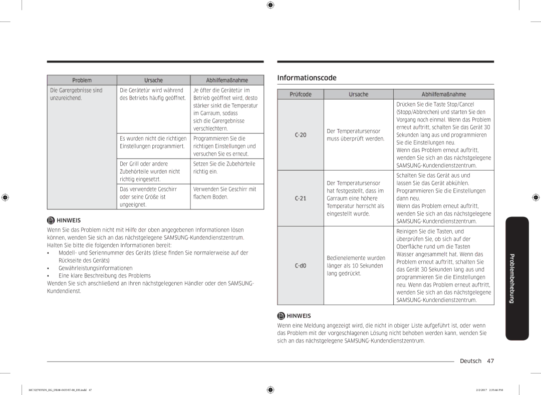 Samsung MC32J7035DS/EG manual Informationscode 