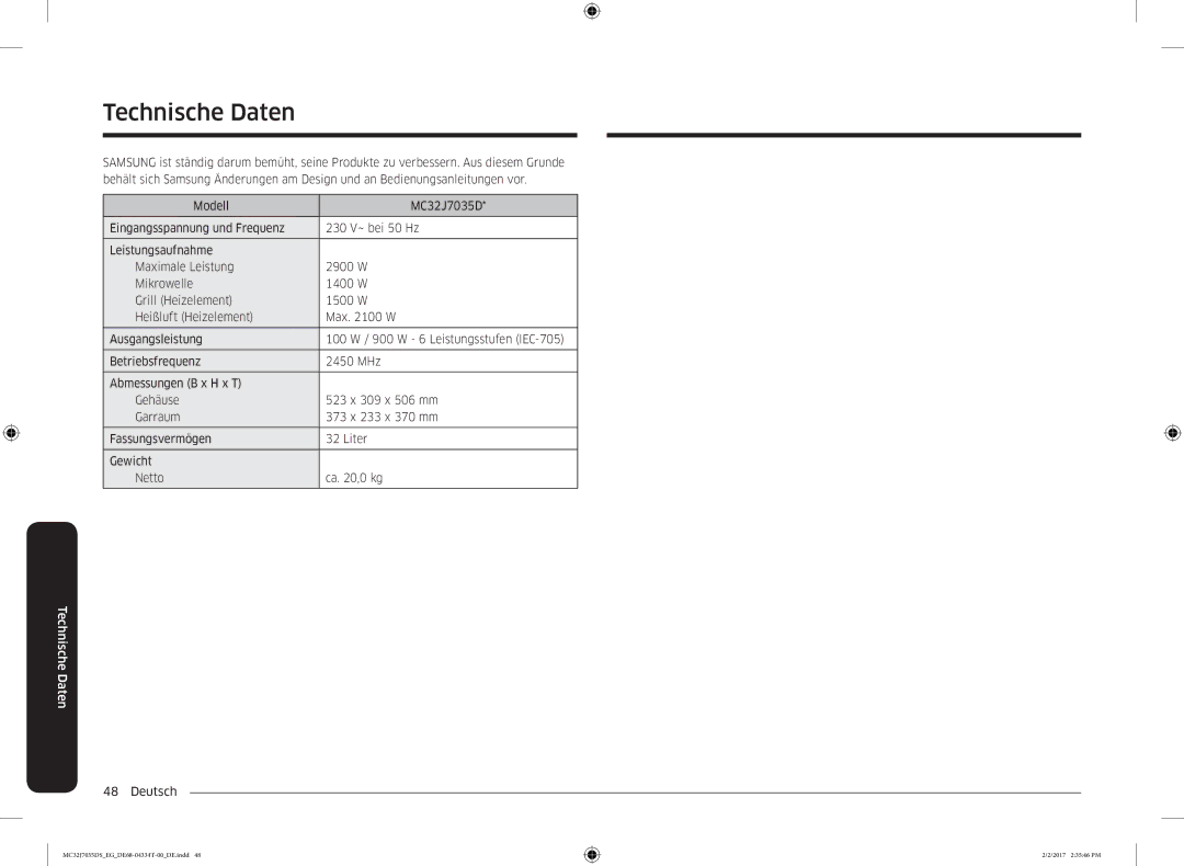 Samsung MC32J7035DS/EG manual Technische Daten 