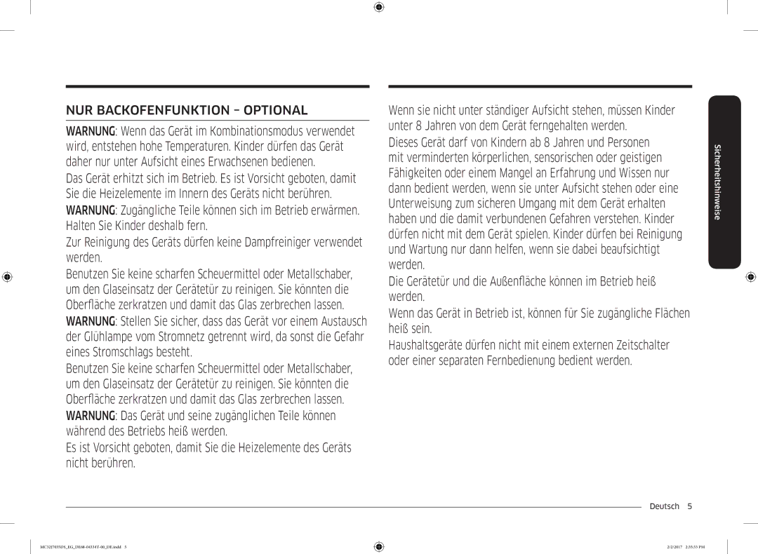 Samsung MC32J7035DS/EG manual NUR Backofenfunktion Optional 