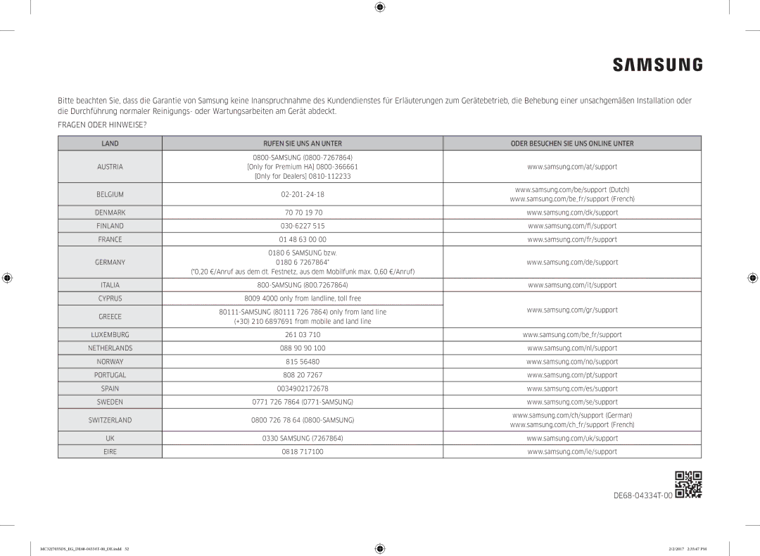 Samsung MC32J7035DS/EG manual Fragen Oder HINWEISE?, DE68-04334T-00 