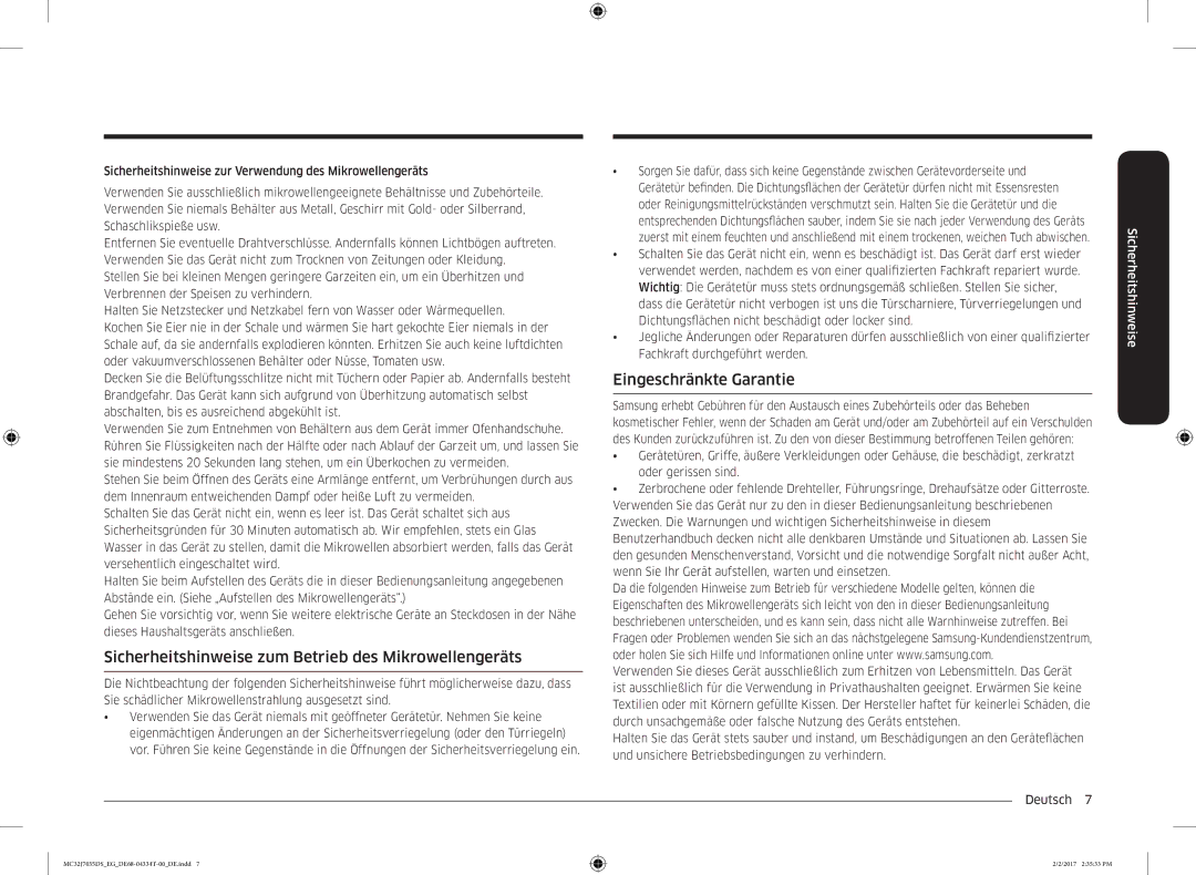 Samsung MC32J7035DS/EG manual Sicherheitshinweise zum Betrieb des Mikrowellengeräts, Eingeschränkte Garantie 