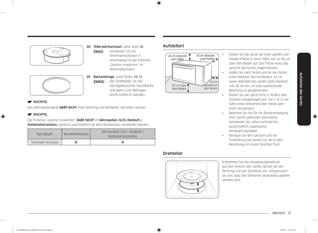 Samsung MC32J7035DS/EG manual Aufstellort, Drehteller 