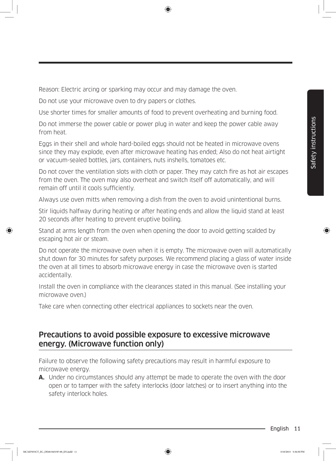 Samsung MC32J7055CT/EC manual Safety instructions 