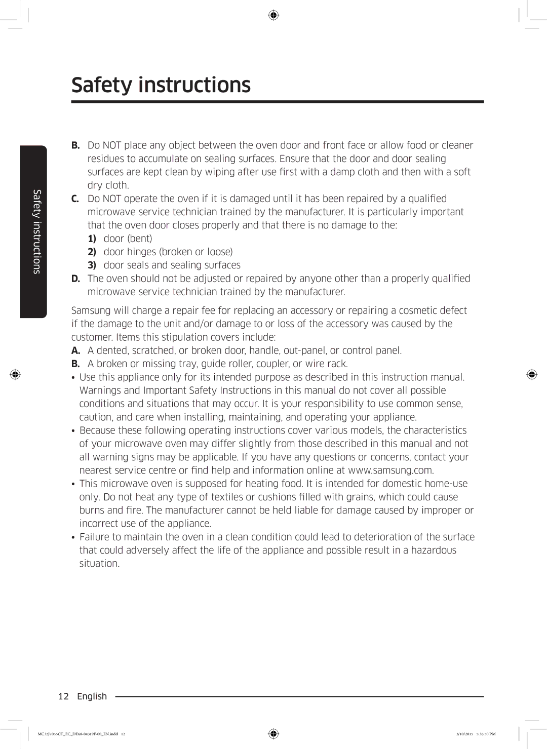 Samsung MC32J7055CT/EC manual Safety instructions 