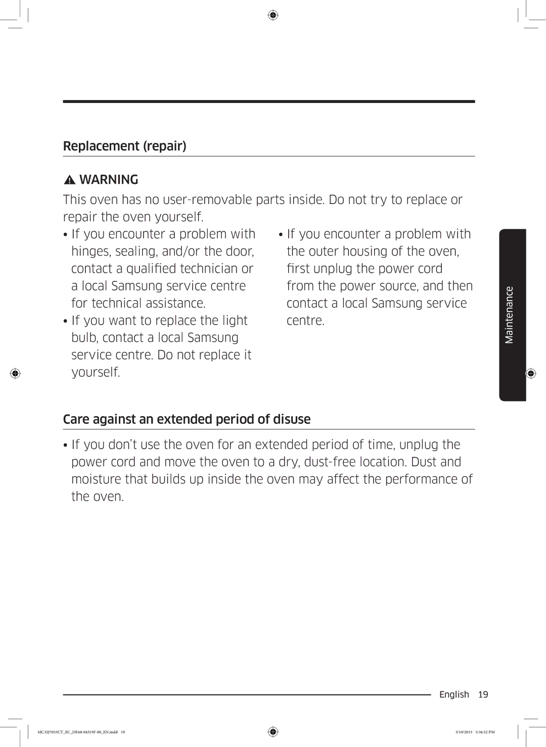 Samsung MC32J7055CT/EC manual Maintenance 