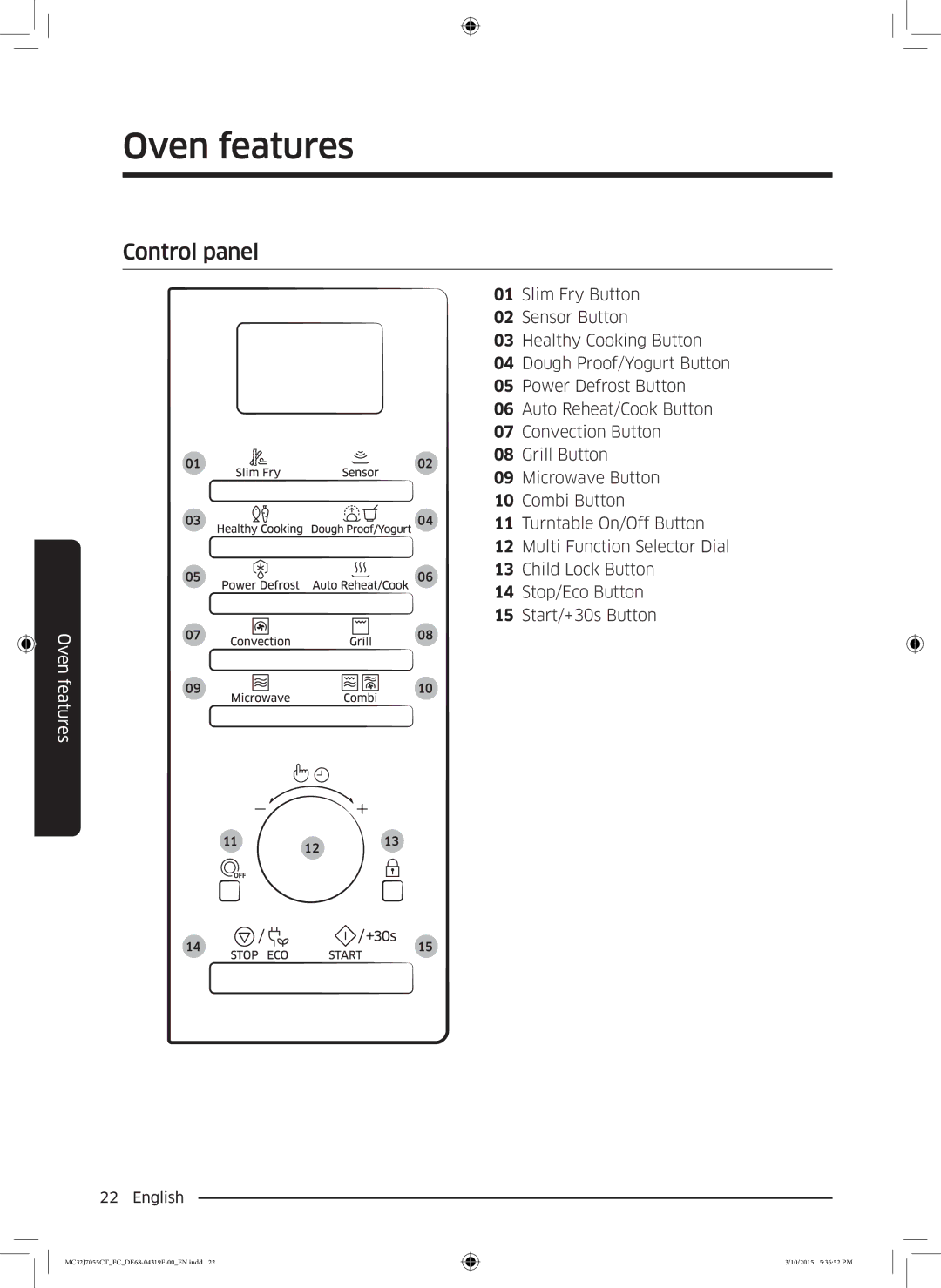 Samsung MC32J7055CT/EC manual Control panel 