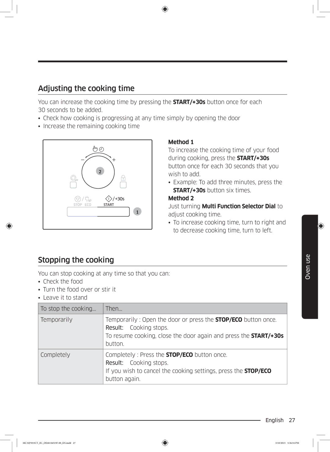 Samsung MC32J7055CT/EC manual Adjusting the cooking time, Stopping the cooking 