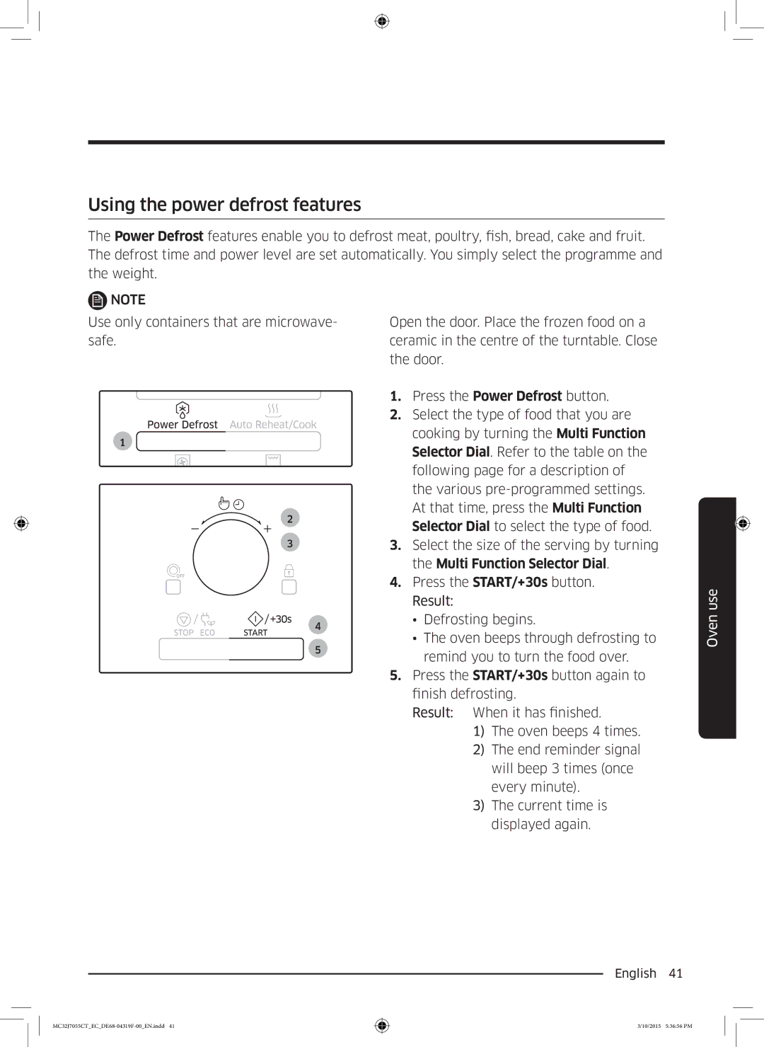 Samsung MC32J7055CT/EC manual Using the power defrost features 