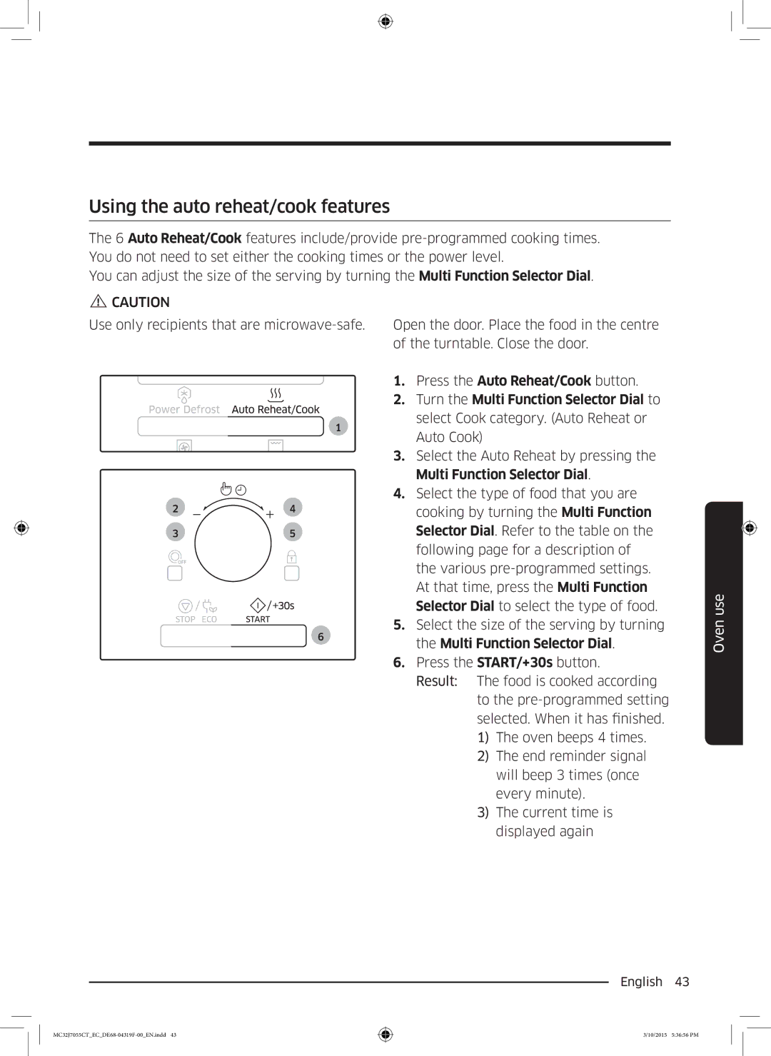 Samsung MC32J7055CT/EC manual Using the auto reheat/cook features 