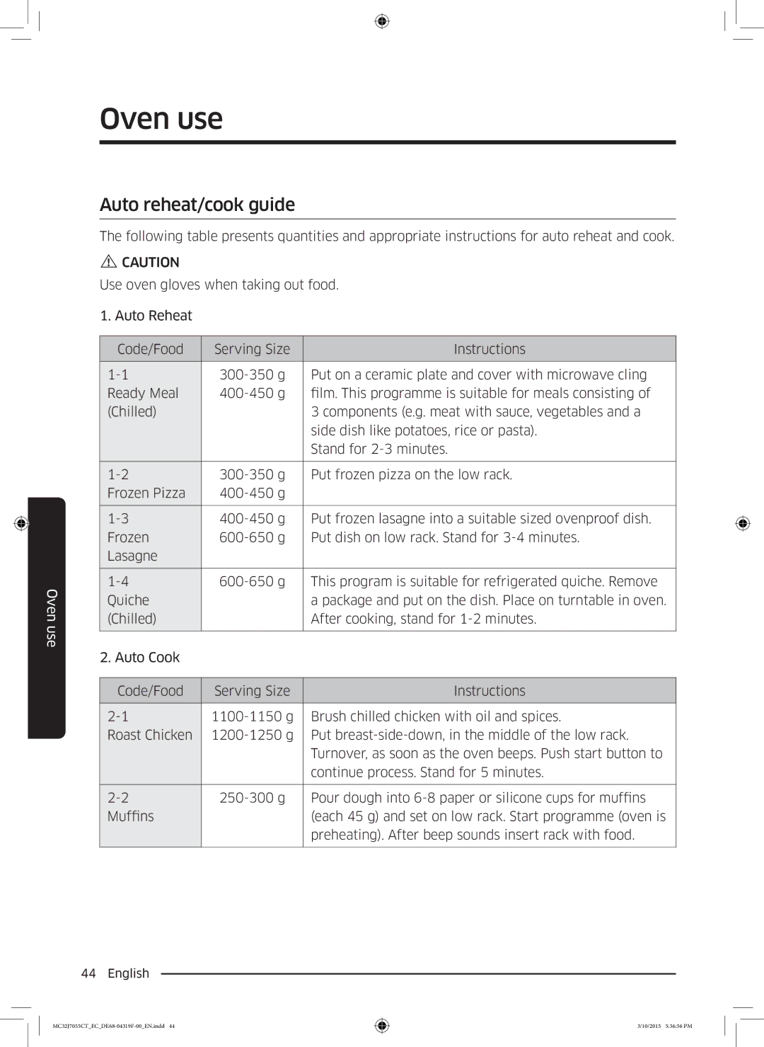 Samsung MC32J7055CT/EC manual Auto reheat/cook guide 