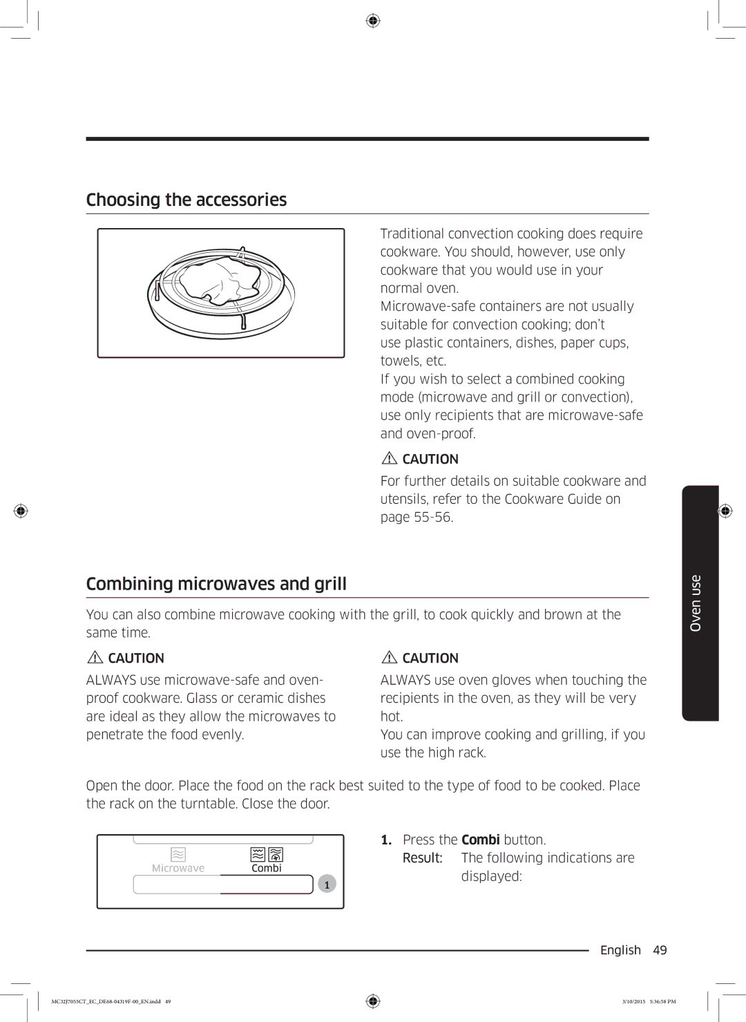 Samsung MC32J7055CT/EC manual Choosing the accessories, Combining microwaves and grill 