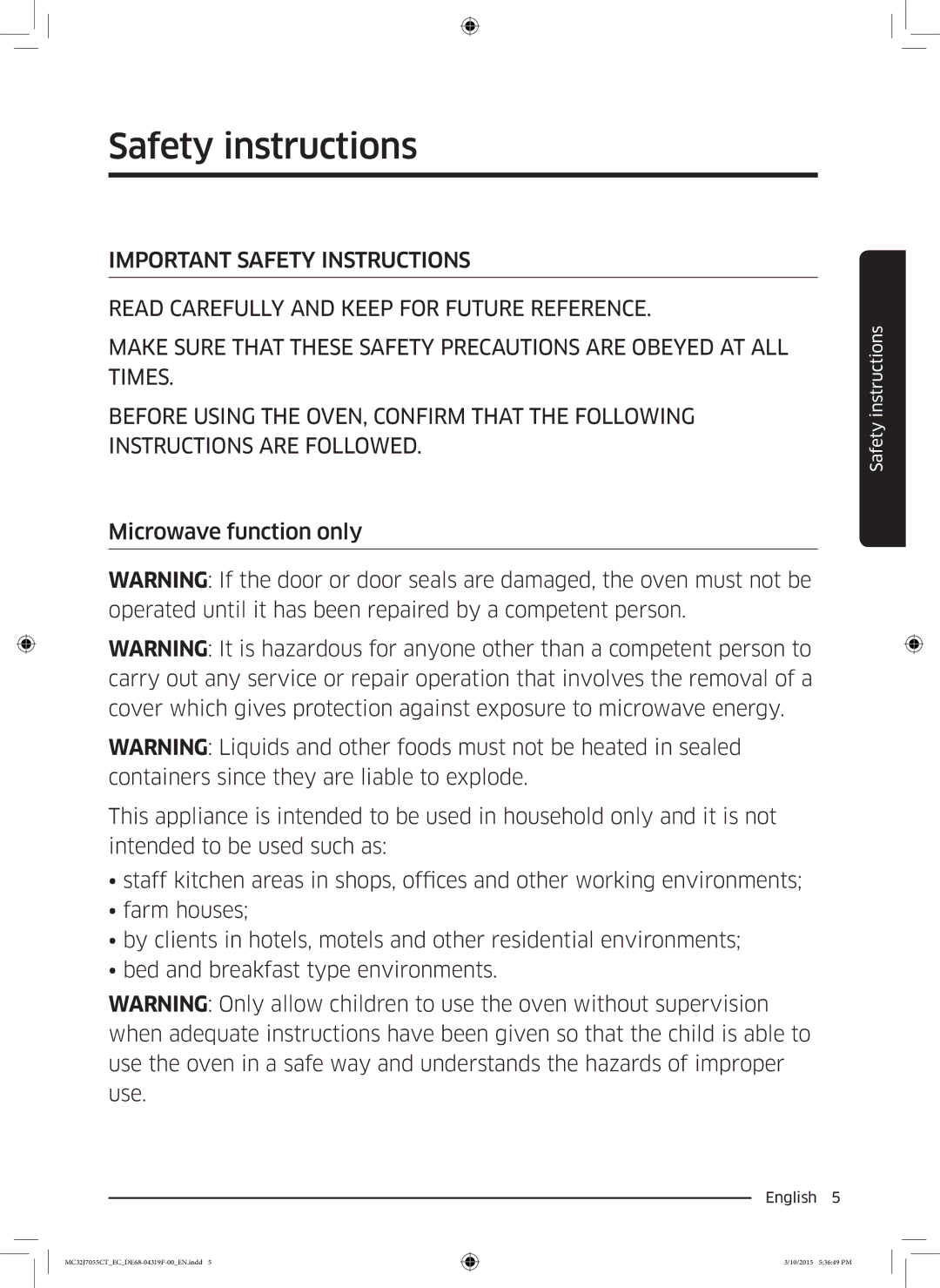 Samsung MC32J7055CT/EC manual Safety instructions 