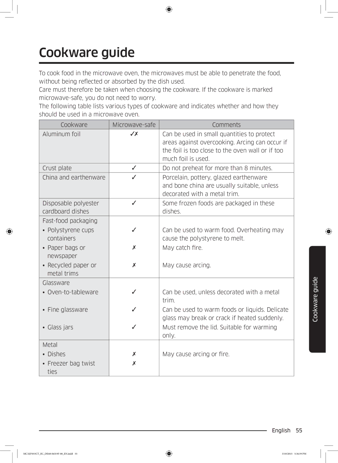 Samsung MC32J7055CT/EC manual Cookware guide 