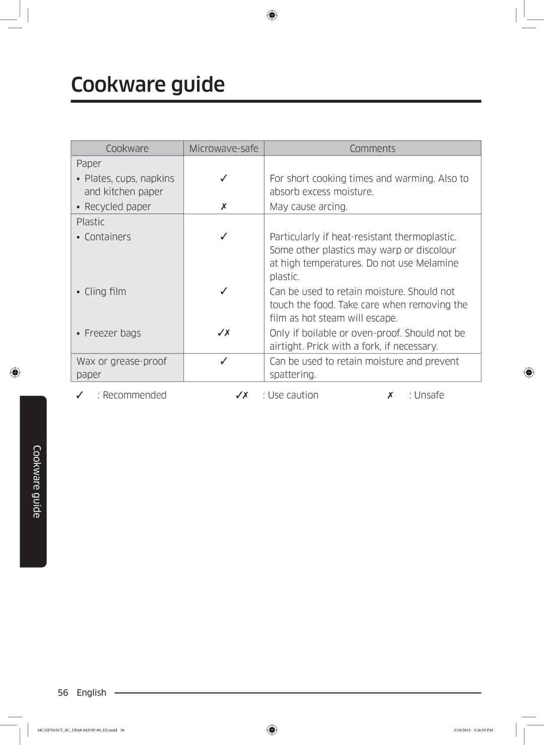 Samsung MC32J7055CT/EC manual Cookware guide 