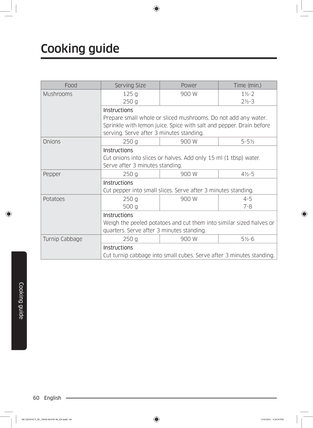 Samsung MC32J7055CT/EC manual Cooking guide 