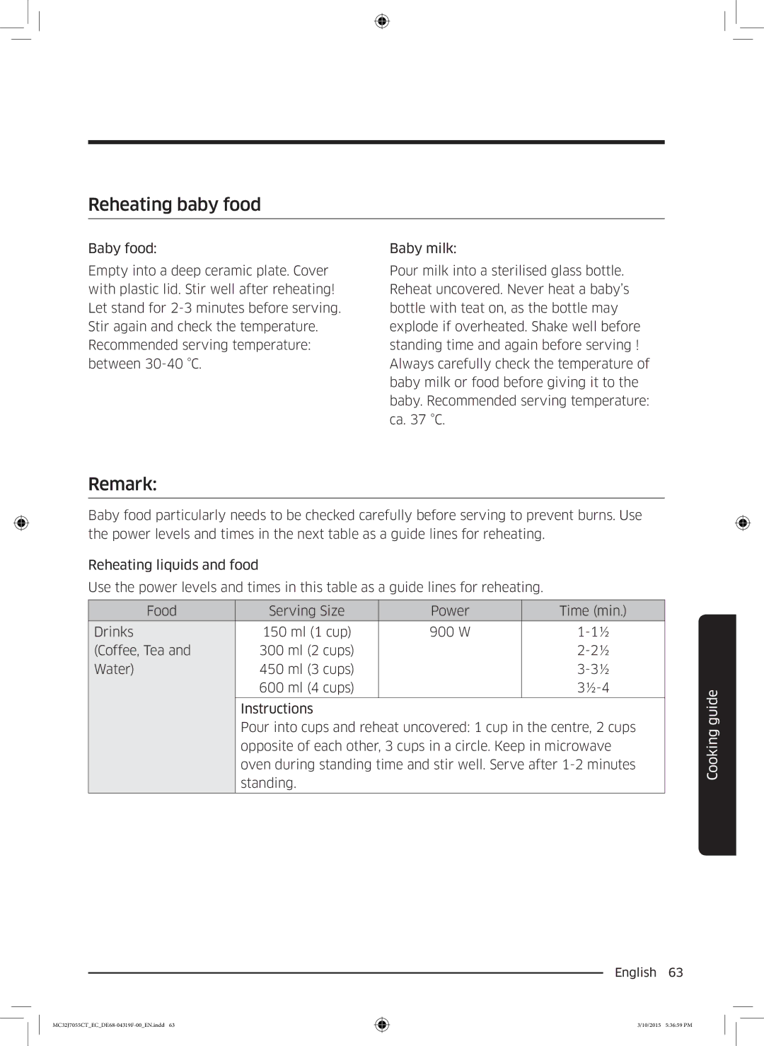 Samsung MC32J7055CT/EC manual Reheating baby food, Remark 