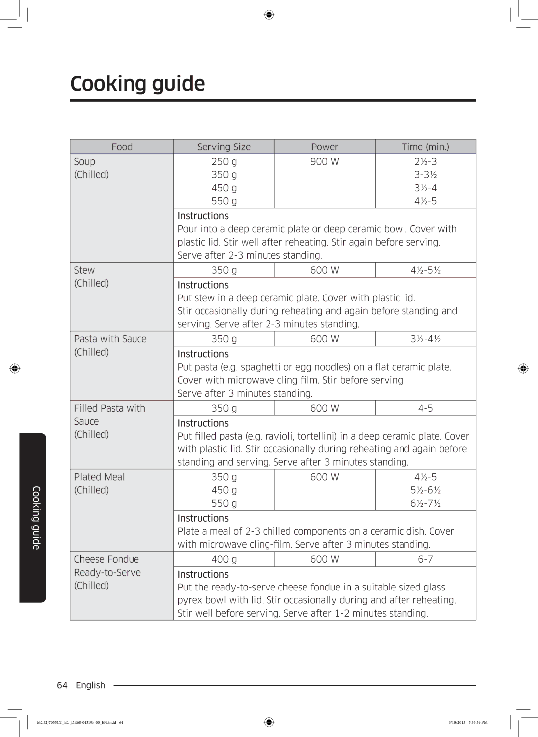 Samsung MC32J7055CT/EC manual Cooking guide 