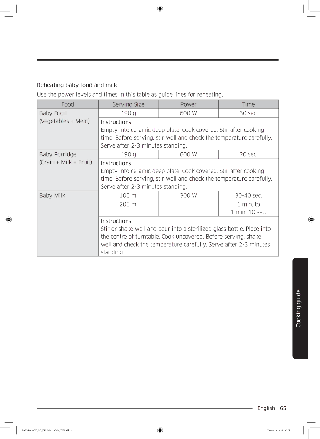 Samsung MC32J7055CT/EC manual Cooking guide 