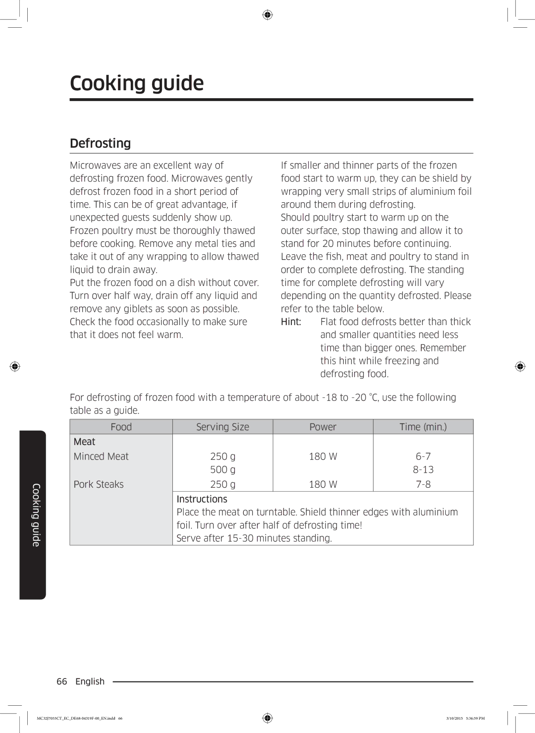 Samsung MC32J7055CT/EC manual Defrosting 